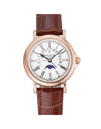 Patek Philippe Perpetual Calendar Retrograde Date White Dial Engraved Rose Gold Case Brown Leather Bracelet 1454148