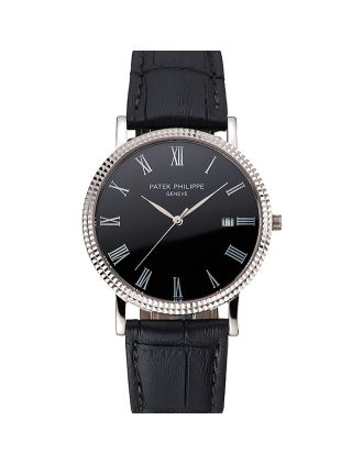 Patek Philippe Calatrava Black Dial Roman Numerals Ribbed Bezel Stainless Steel Case Black Leather Strap