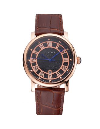 Cartier Rotonde Date Black Dial Rose Gold Case Brown Leather Strap
