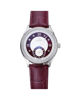 Omega DeVille Prestige Dark Red Dial Silver Diamond Case Dark Red Leather Bracelet 1454121