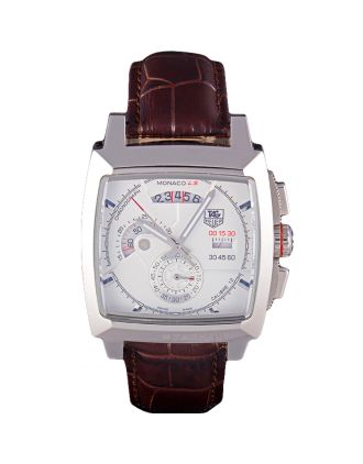 Tag Heuer Monaco Brushed Stainless Steel Case White Dial Brown Leather Strap 98173