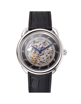 Swiss Hermes Arceau Skeleton Black Dial Blue Hands Stainless Steel Case Black Leather Strap