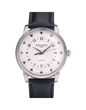 Patek Philippe Swiss Calatrava Ribbed Bezel White Dial Black Leather Strap 7657