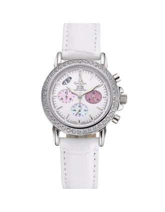 Omega De Ville Chronograph White Dial Stainless Steel Diamond Case White Leather Bracelet 622453