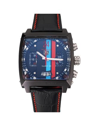 Tag Heuer Monaco Calibre 36 Blue And Red Dial Stripes Dial Black Leather Strap 622272
