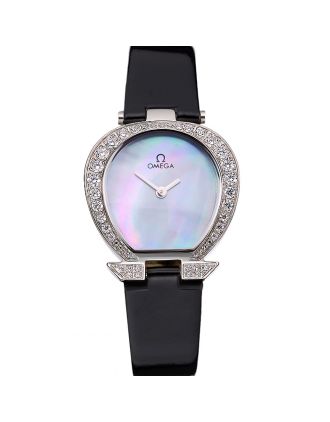 Omega Ladies Watch Pearl Dial Stainless Steel Case With Diamonds Black Leather Strap 622828