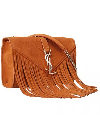 Saint Laurent Medium Fringed Suede Leather Satchel Tan