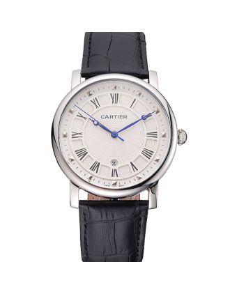 Cartier Rotonde Date White Dial Stainless Steel Case Black Leather Strap