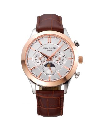 Patek Philippe Moonphase Chronograph White Dial Gold Case Brown Leather Strap 622843