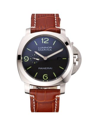Panerai Luminor Marina 1950 Black Dial Brushed Steel Case Light Brown Leather Strap