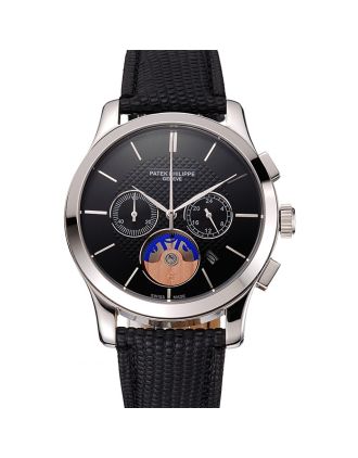 Patek Philippe Chronograph Black Dial Stainless Steel Case Black Leather Strap