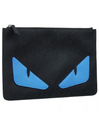 Fendi Bag Bugs Motif Blue Phyton and Black Leather Flat Pouch 18927333