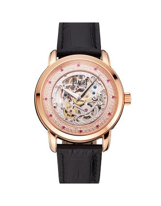 Swiss Piaget Altiplano Skeleton Dial With Diamonds Rose Gold Case Black Leather Strap