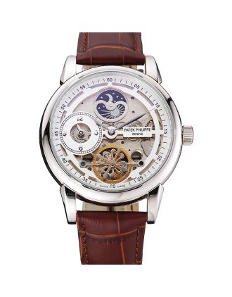 Patek Philippe Dual Time Moonphase Tourbillon White Skeletonised Dial Stainless Steel Case Brown Leather Strap