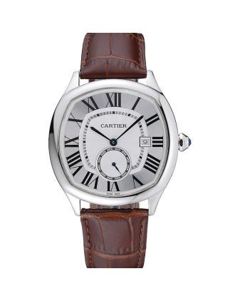 Cartier Drive De Cartier White Dial Silver Case Brown Leather Bracelet 1454210
