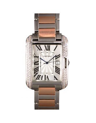 Cartier Tank Anglaise 36mm Silver Dial Diamonds Steel Case Two Tone Bracelet