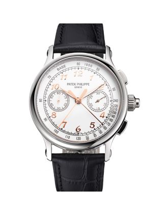 Swiss Patek Philippe Split Seconds Chronograph White Dial Rose Gold Hands Stainless Steel Case Black Leather Strap