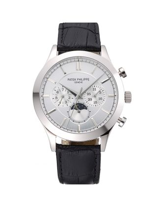 Patek Philippe Moonphase Chronograph White Dial Stainless Steel Case Black Leather Strap 622841