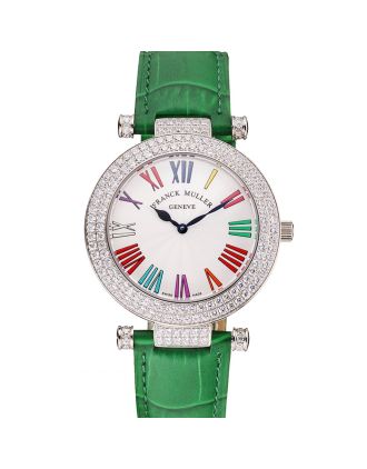 Franck Muller Double Mistery Ronde White Dial Stainless Steel Case Green Leather Strap