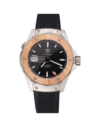 Swiss Tag Heuer Aquaracer Calibre 5 Black Dial Gold Bezel Stainless Steel Case Black Rubber Strap