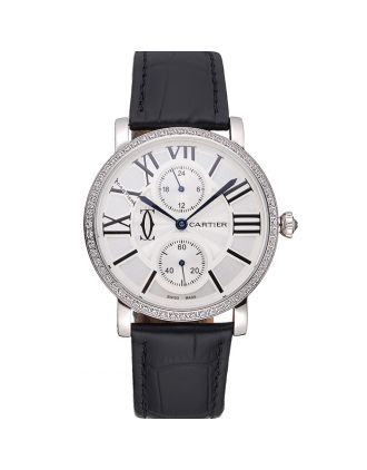 Cartier Ronde Second Time Zone White Dial Stainless Steel Case With Diamonds Black Leather Strap 622804