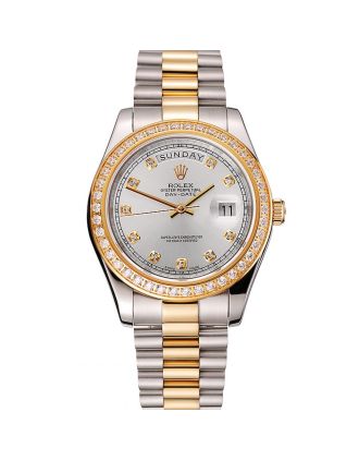 Swiss Rolex Day-Date White Dial Gold Diamond Case Two Tone Stainless Steel Bracelet 1453971