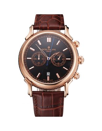 Patek Philippe Chronograph Black Dial Rose Gold Case Brown Leather Strap
