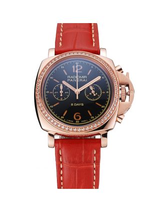 Panerai Radiomir 8 Days Chronograph Black Dial Diamond Bezel Rose Gold Case Red Leather Strap 1453797