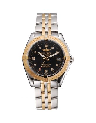 Breitling Colt Lady Black Dial Diamond Hour Marks Gold Bezel Stainless Steel Case Two Tone Bracelet