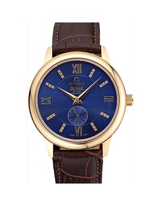 Omega DeVille Prestige Small Seconds Blue Dial Gold Case Brown Leather Bracelet 622601
