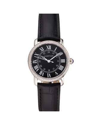 Cartier Ronde Black Dial Diamond Bezel Stainless Steel Case Black Leather Strap