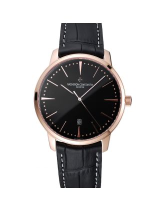 Swiss Vacheron Constantin Patrimony Black Dial Rose Gold Case Black Leather Bracelet 1454168