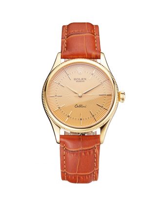 Swiss Rolex Cellini Gold Dial And Markings Gold Case Light Brown Leather Strap