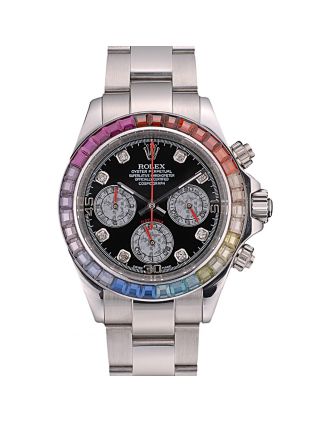 Rolex Daytona Cosmograph Rainbow Crystals Bezel Stainless Steep Strap Black Dial 80250