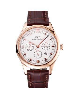 Swiss IWC Portugieser Perpetual Calendar White Dial Rose Gold Case Brown Leather Strap