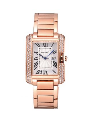 Cartier Tank Anglaise 30mm White Dial Diamonds Rose Gold Case Rose Gold Bracelet