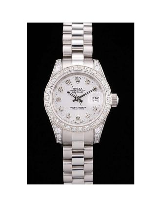 Rolex DateJust Brushed Stainless Steel Diamond Plated Case White Dial Diamond Plated Bezel