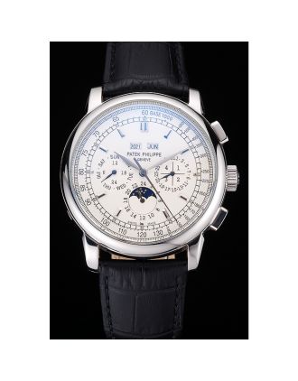 Patek Philippe Grand Complications White Dial Black Leather Bracelet