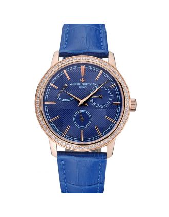 Vacheron Constantin Patrimony Power Reserve Blue Dial Gold Diamond Case Blue Leather Bracelet 1454270