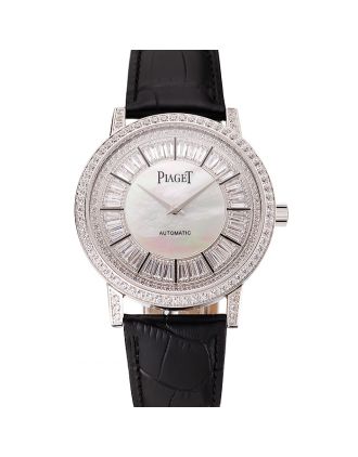 Swiss Piaget Altiplano Diamond Set Stainless Steel Case And Pearl Dial Black Leather Strap 1453746