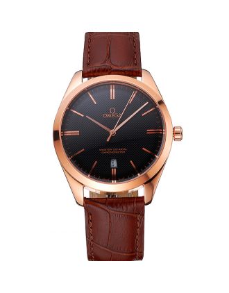 Omega Tresor Master Co-Axial Black Dial Rose Gold Case Brown Leather Strap