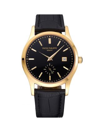 Patek Philippe Calatrava Black Dial Gold Case Black Leather Strap 622845