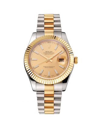 Swiss Rolex Datejust Gold Dial Gold Bezel Stainless Steel Case Two Tone Bracelet