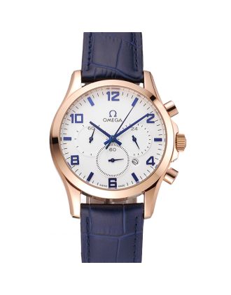 Omega Chronograph White Dial Rose Gold Case Blue Leather Strap