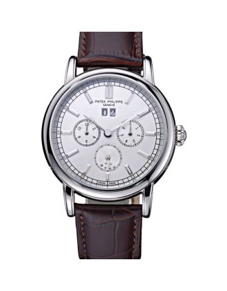Patek Philippe Geneve Grand Complications White Dial Stainless Steel Bezel Brown Leather Band 622151