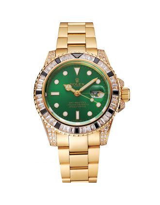 Swiss Rolex GMT Master II Green Dial Stone Set Bezel Gold Case And Bracelet 1453748