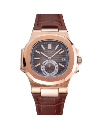 Patek Philippe Nautilus Gray Dial Rose Gold Case Brown Leather Strap