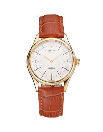 Swiss Rolex Cellini White Guilloche Dial Gold Case Light Brown Leather Strap
