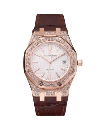 Swiss Audemars Piguet Royal Oak White Dial Gold Case With Diamonds Brown Leather Strap