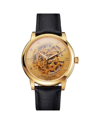 Swiss Patek Philippe Complications Openworked Dial Gold Case Black Leather Strap